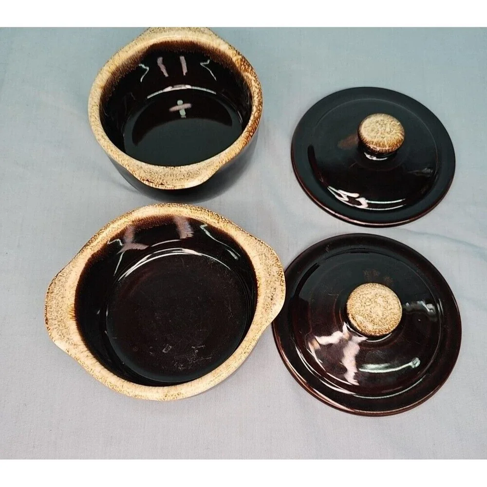Crock Casseroles Chili Soup Bowls w/ Lids Pfaltzgraff Gourmet Brown Drip Glaze